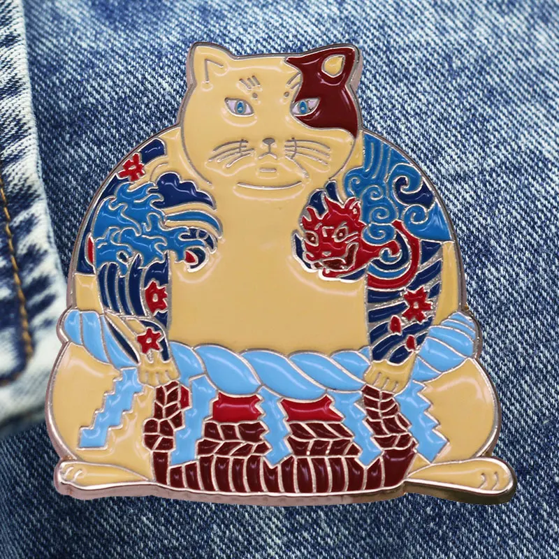 Japanese Gangster Sumo Cat Cartoon Brooch Metal Enamel Lapel Badge Collect Denim Jacket Backpack Pin Given Friends And Fans Gift