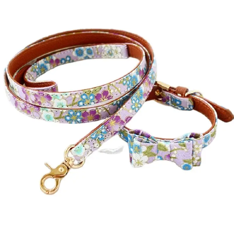 Beautiful Purple Japanese Kimono Bow Tie Dog Collar Leash Pet Supplies Cat Accessories Terrier Poodle Puppy Day Walks Holiday