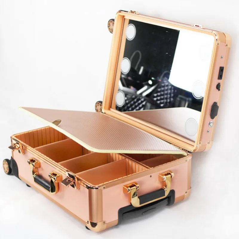 Large professional makeup artist beauty trolley cosmetic case multi functional tattoo storage tool with light suitcase toolbox