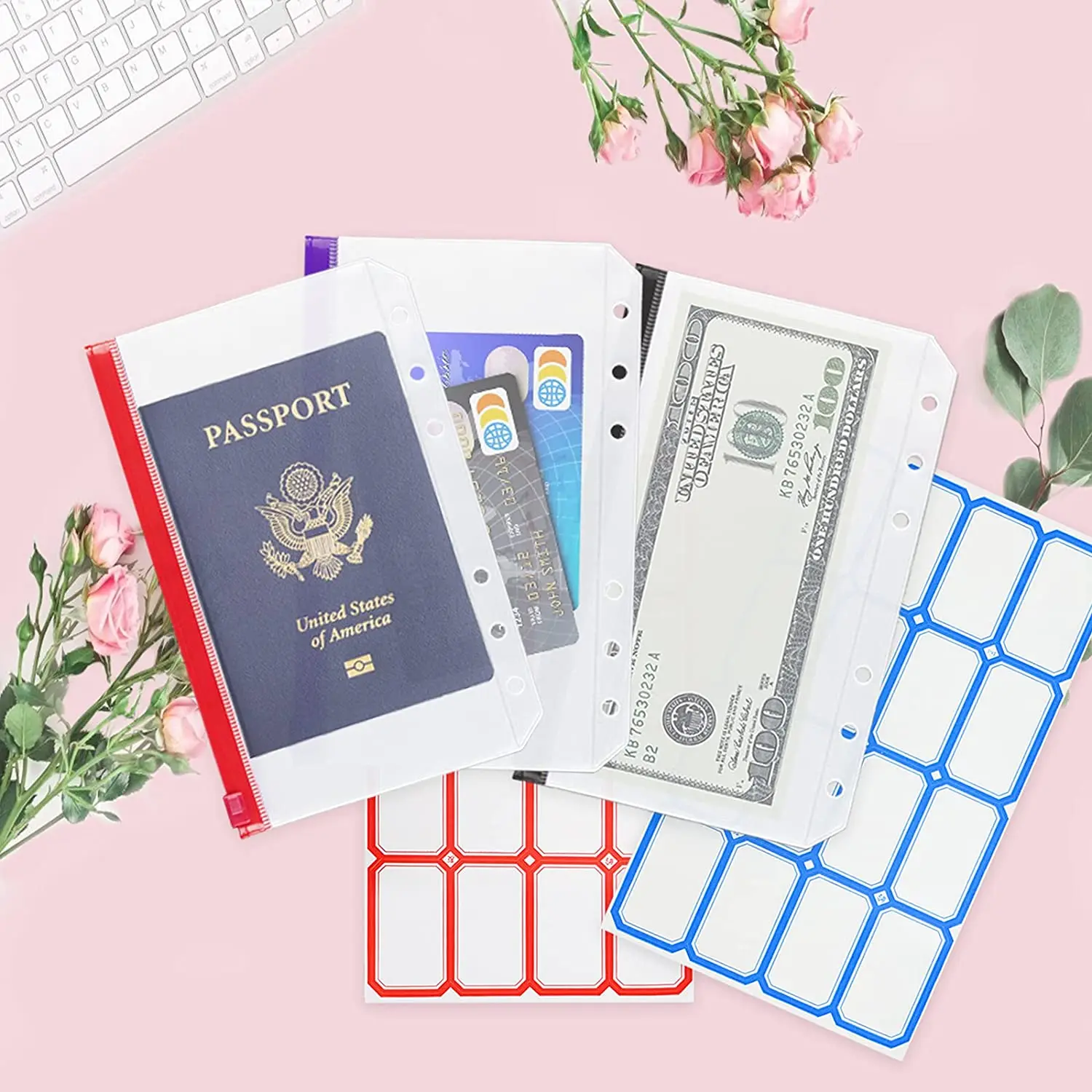 A6 Soft PVC Notebook Binder Cover Planner Protector with 12 Zipper Pockets Folders/Index Label Sticker for Cash Budget Envelope