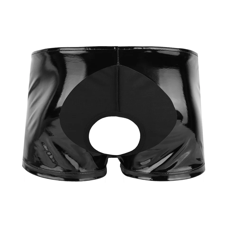 Mens Sexy Open Crotch Glossy Leather Boxer For Sex Shaping Latex Shorts Crotchless Male Shiny PVC Leather Short Pants Sexi