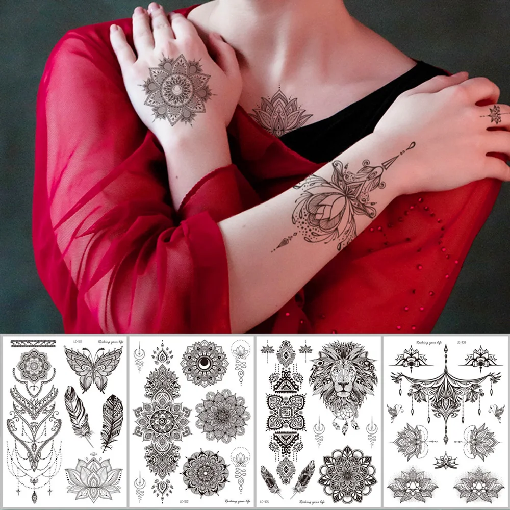 18 Kinds Women Temporary Tattoo Black Mandala Flowers Tattoos Sticker Body Art Waterproof Disposable tatouage temporaire