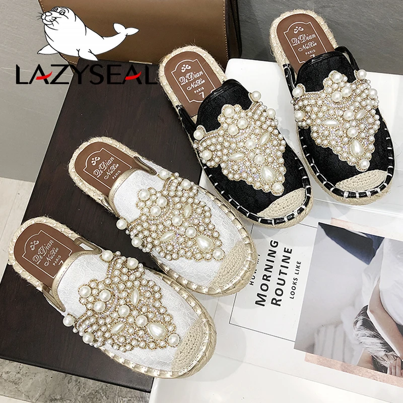 LazySeal nuovi cristalli perle mezze pantofole scivoli estivi scarpe da donna canapa tacco piatto scarpe donna tessuto di cotone moda muli scarpe