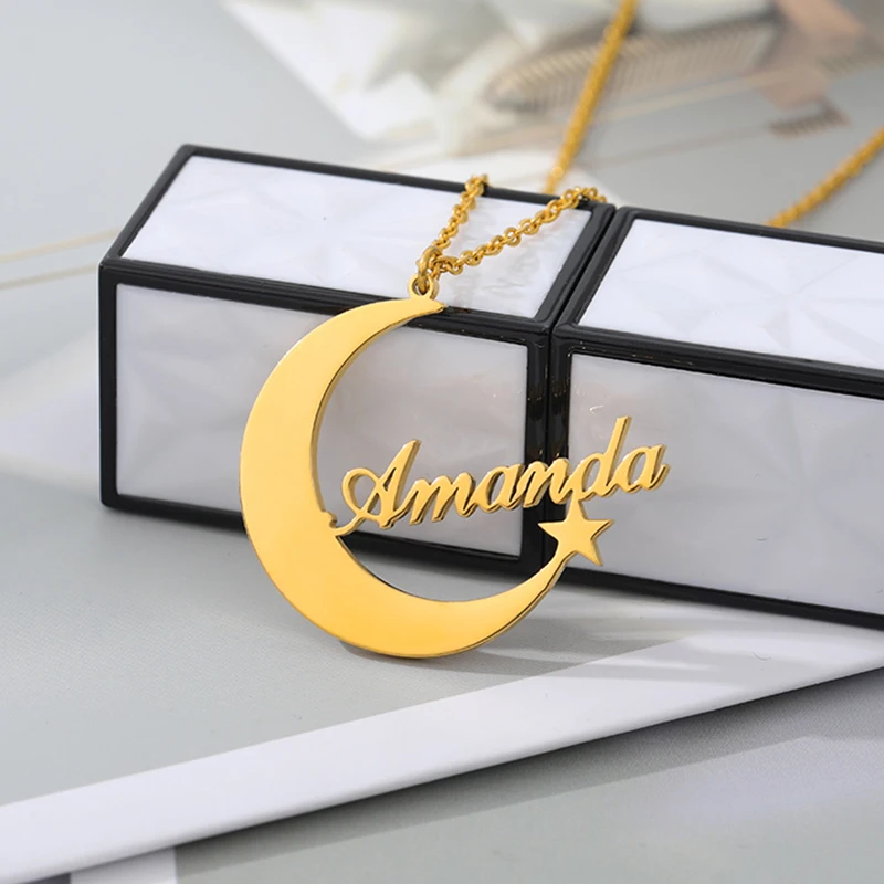 

Personalized Moon Star Custom Name Necklaces For Women Men Gold Color Stainless Steel Chain Pendant Necklace Jewelry