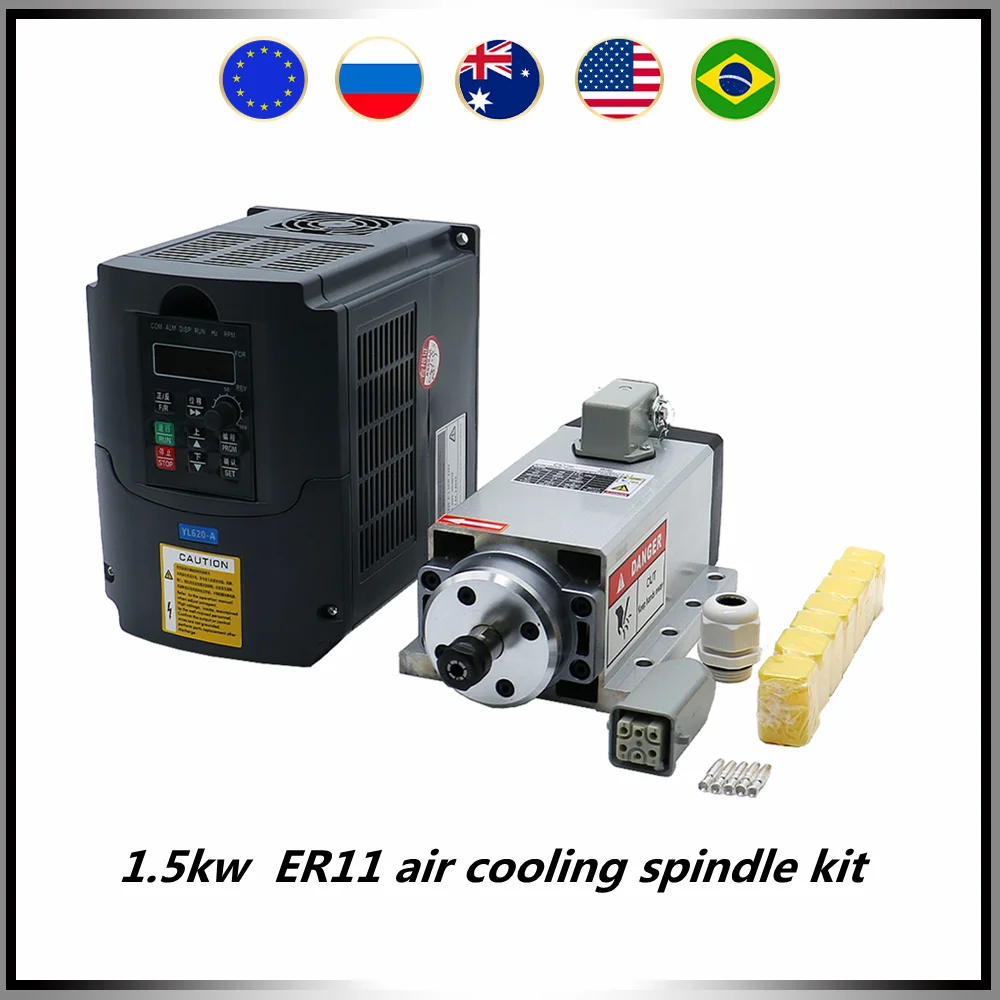 Z axis Spindle motor kit 1.5kw 1500 air cooling spindle ER11 motor +YL VFD inverter + 7 pcs ER11 collets (1-7mm) for CNC