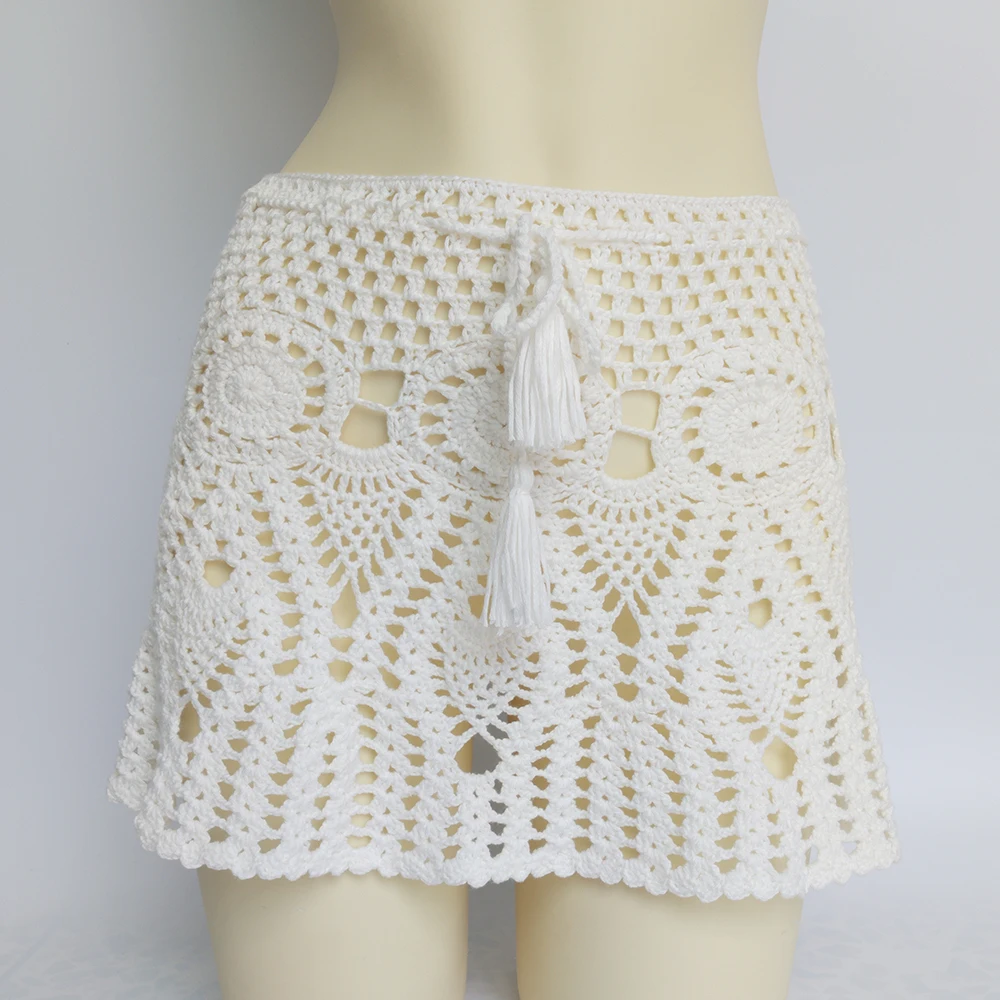 2021 New Sexy Crochet Tassel Beach Skirt Cotton Swimsuit Fused Skirt Casual Beach Running Lace See Through Slim Mini Skirts