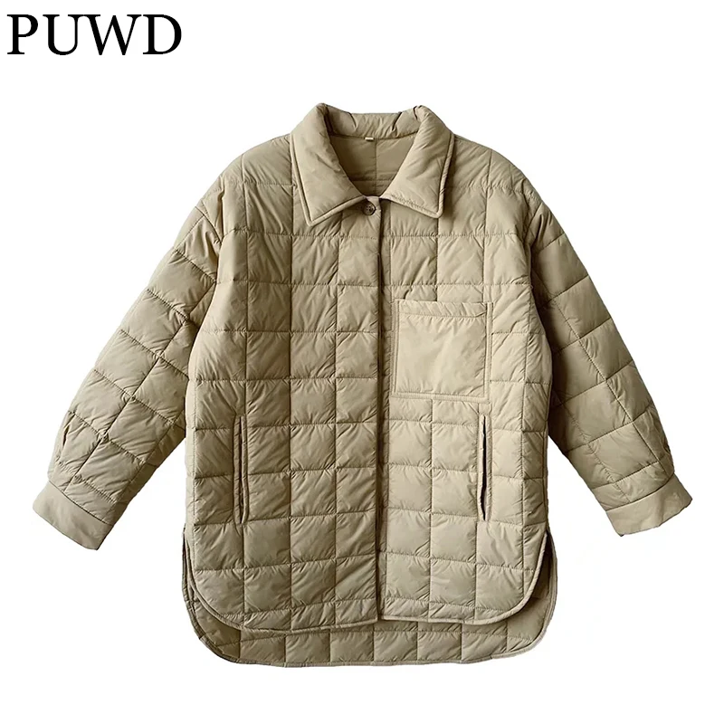 PUWD Casual Women Solid Quilted Cotton Jacket 2021 Autumn Winter Single-breasted Diamond Check Parka Lapel Loose  Female Outwear