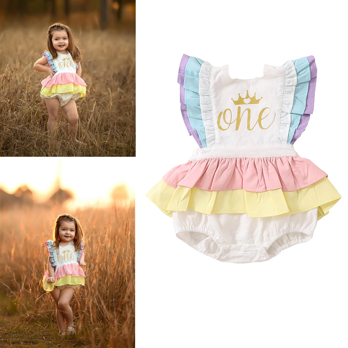 

Infant Newborn Baby Girl Birthday Cotton Romper Ruffled Lace Sleeveless Golden Letter One Crown Jumpsuit Bow Fluffy Skirt