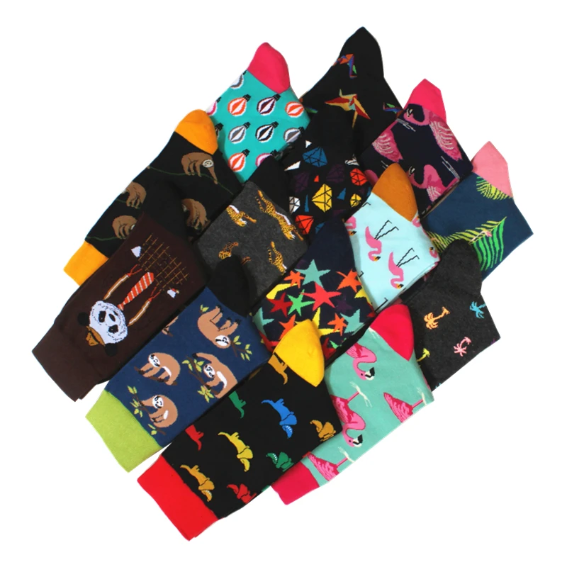 5 Pairs/Lot Men\'s Socks High Quality Combed Cotton Print Flamingo Socks Casual Dress Clothing Happy Funny Socks Men