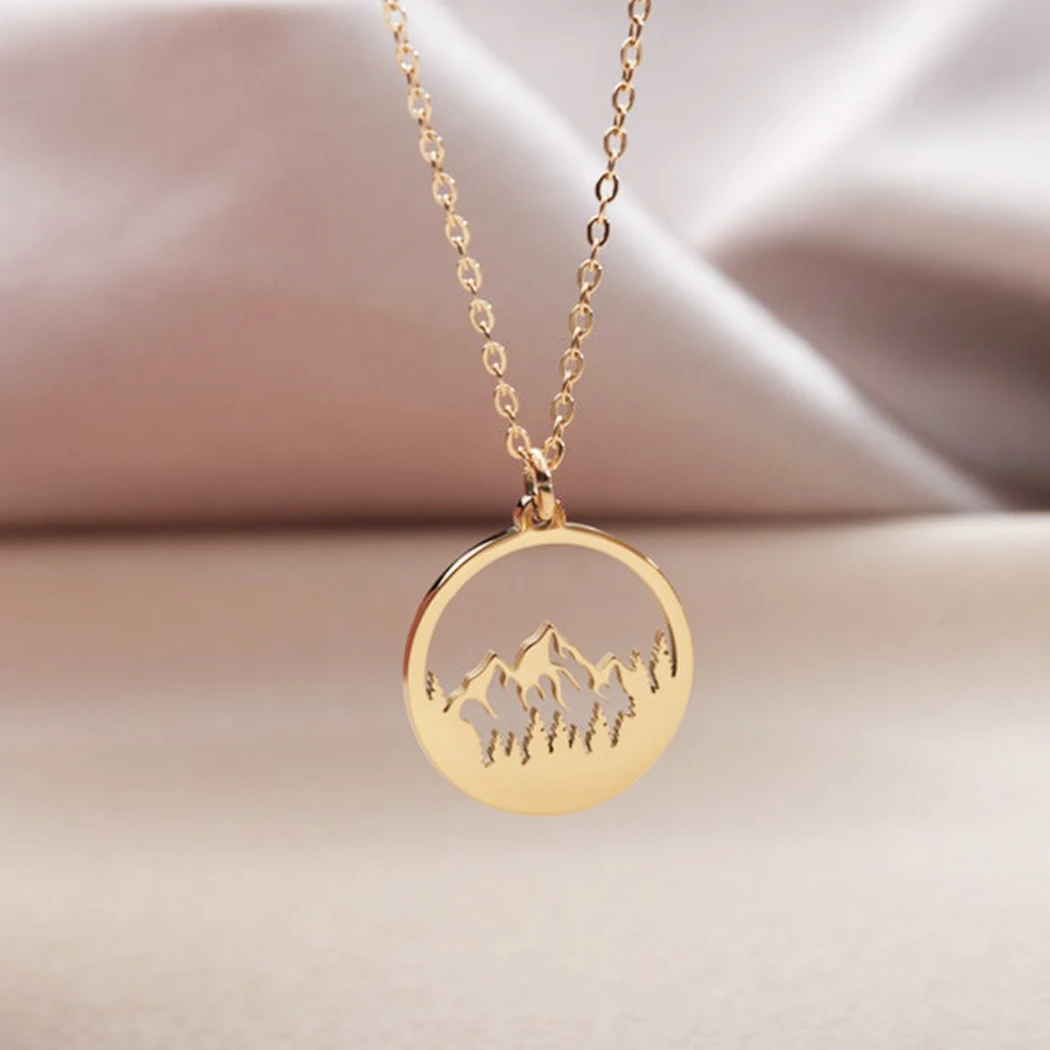 Mountain Necklace for Women Girls Gold Plated Hollow Mountain Charm Disc Pendant The Mountains Are Calling Wanderlust Jewelry