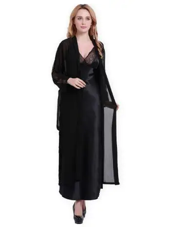 Fashion New Silk Robes + Nightdress Two-Piece Women Sleepwear Sexy Lace V-Neck Sleeping Robe Long-Sleeve Nightgowns FW001