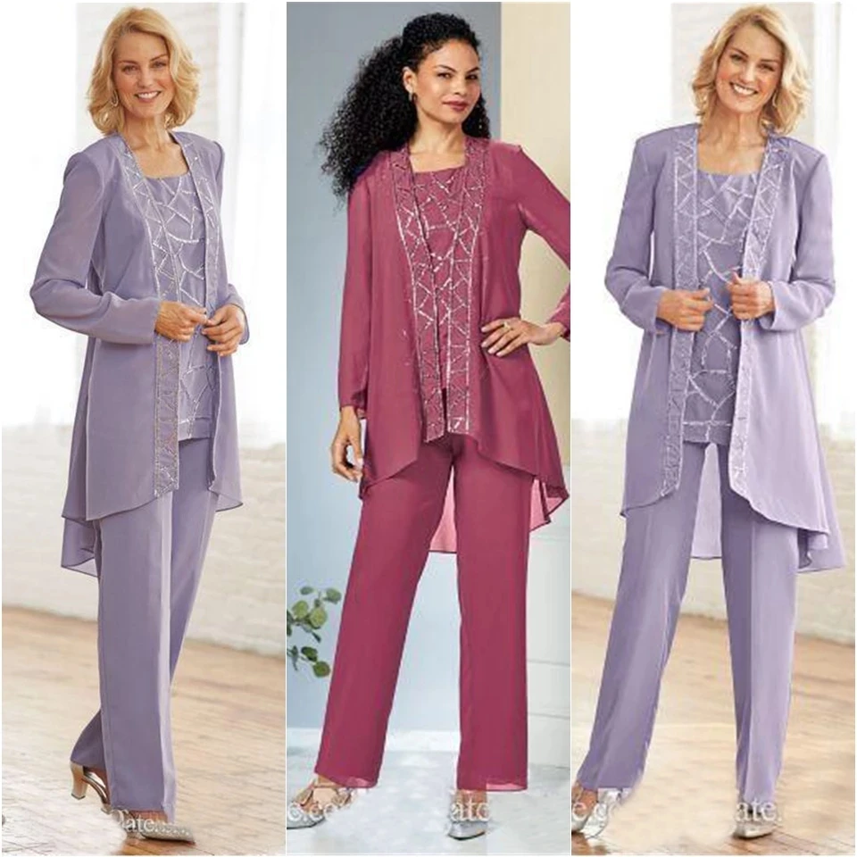 

Silver Mother Of The Bride Dresses Sheath Scoop Chiffon Beaded With Jacket Pants Suit Long Groom Mother Dresses For Weddings