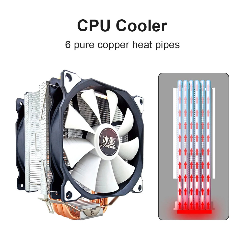 SNOWMAN MT6 12cm CPU Cooling Fan 6 Pure Copper Heat Pipes Desktop PC Cooler 4 Pin PWM Heatsink Radiator for Intel AMD