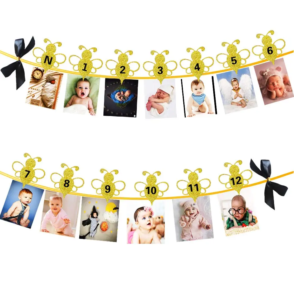 Bumble Honey Bee 1st Birthday Baby Photo Banner for Newborn to 12 Months Monthly Milestone Photograph Bunting Garland Decoraion