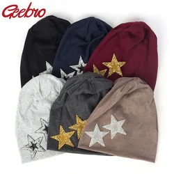 Geebro New Women Rhinestones Star Casual Beanies Hats Soft Thin Cotton Baggy Skullies Hats Cap for Ladies Girls