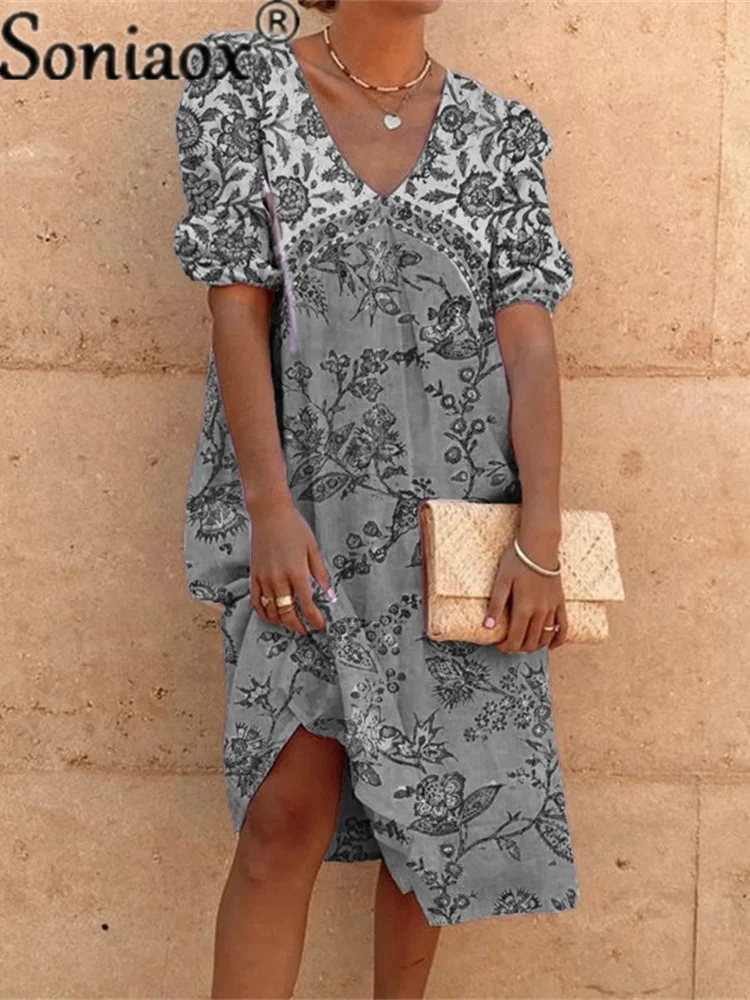 

Ladies Puff Sleeve Casual Loose Midi Women Dress Vintage Floral Printed 2021 Summer Boho V-Neck Sexy Female Vestidos Sundress