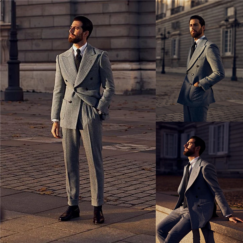 Gray Woolen Herringbone Men Suits for Wedding Groom Tuxedo 2 Piece Tweed Custom Made Fashion Set Jacket (Jacket+Pants)