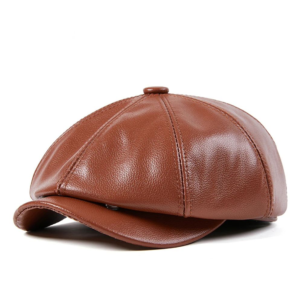 LA SPEZIA Genuine Leather Newsboy Cap Men High Quality Octagonal Hat Autumn Winter Beret Real Cowskin Flat Cap