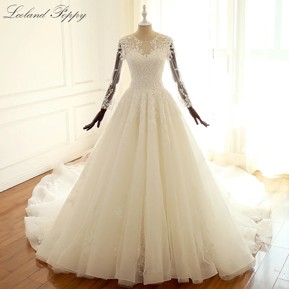 Lceland Poppy Customized A-line Wedding Dresses Full Sleeves Lace Appliques Beaded Bridal Gowns with