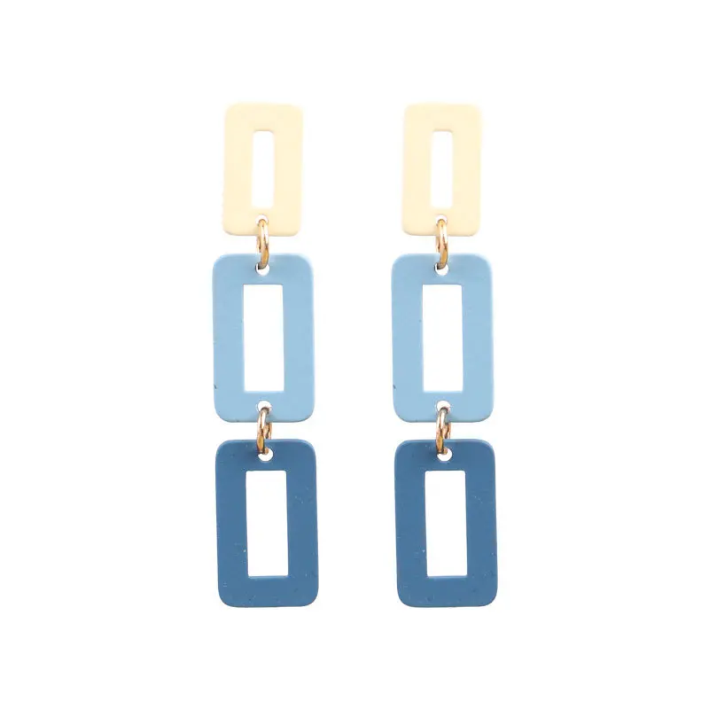 Small Fresh Contrast Blue Sqaure Clip Earrings No Hole Simple Hollow Out Rectangular Long Clip on Earrings Non Pierced Ears