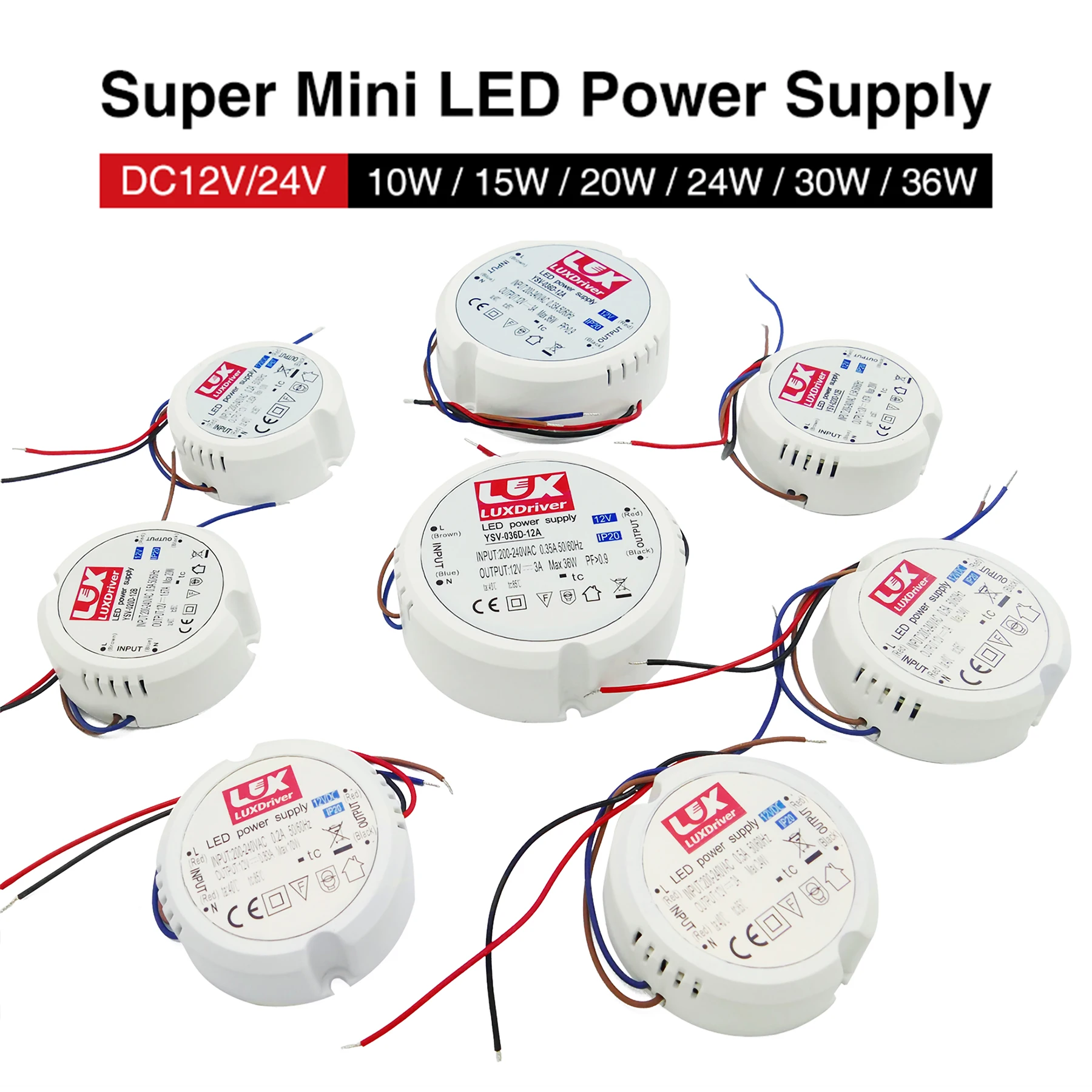 Forma redonda Mini Power Supply, LED Driver, DC 24W, 12V, 24V