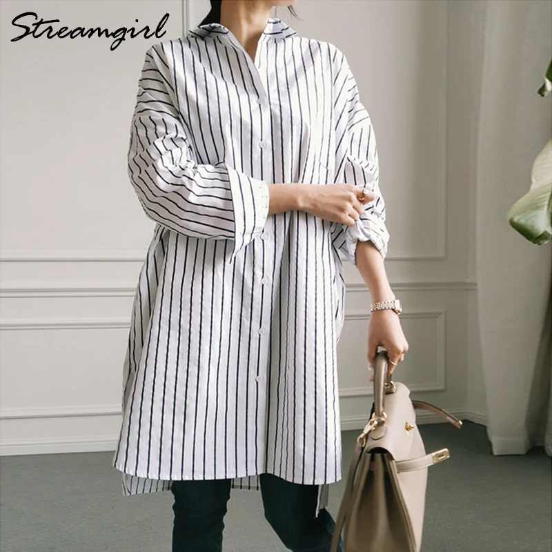 Oversize Blue Striped Shirt Women Tunic 2021 Autumn Cotton Blouse Office Tunic for women White Shirt Oversize Long Sleeve Shirts