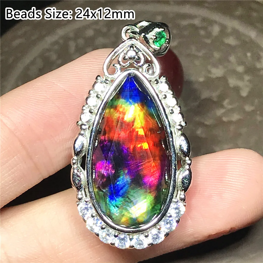 Natural Ammonite Ammolite Pendant Jewelry For Women Lady Man Luck Gift 24x12mm Beads Silver Healing Crystal Stone Gemstone AAAAA