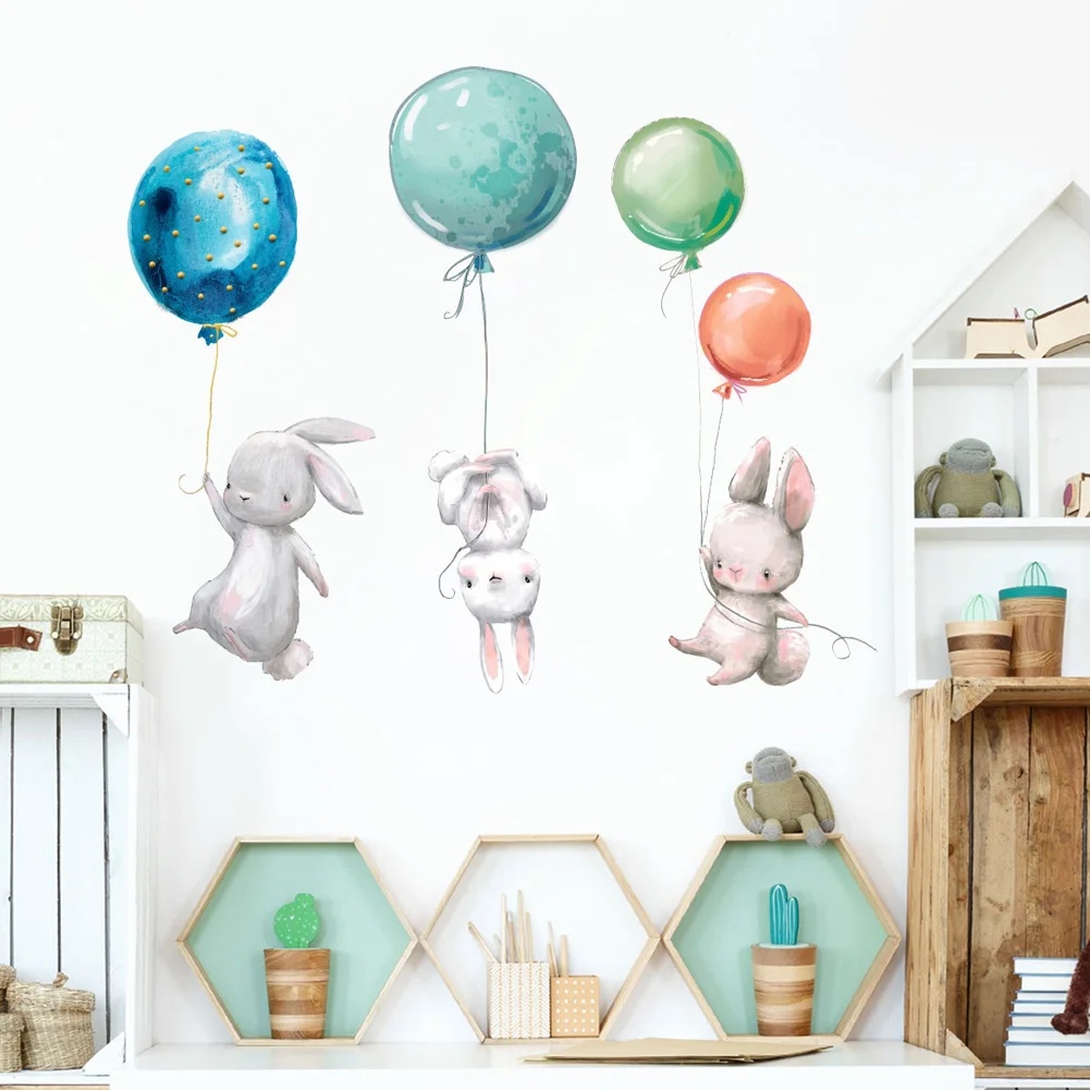 

Cartoon Bunny Balloon Wall Sticker Kids Room Decor Cute Animal Wallpaper For Home Baby Bedroom Decoration Self-adhesive Poster