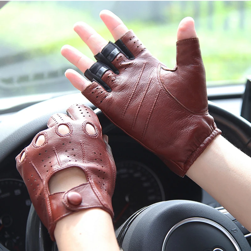 Real Leather Men Semi-Finger Gloves Summer Thin Driving Fingerless Breathable High Quality Sheepskin Gloves Male EM102