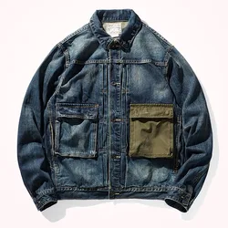 Autumn Winter American Style Denim Tooling Jacket Men's Fashion Retro Contrast Patchwork Heavyweight Multi-pocket Casual Coat