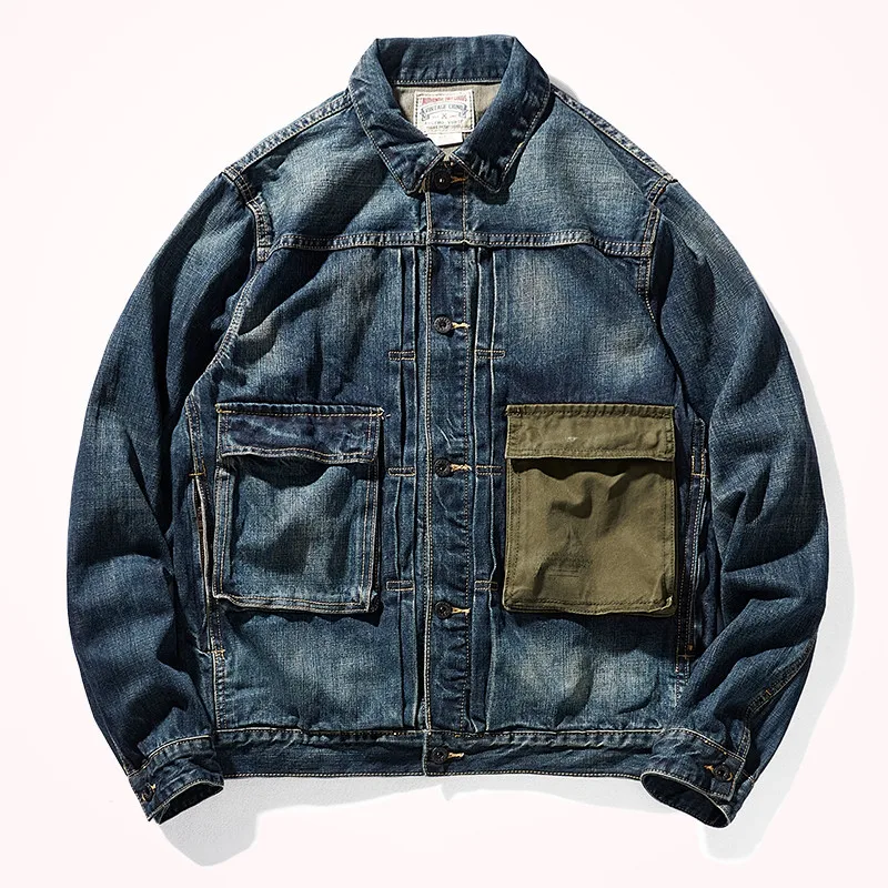 Autumn Winter American Style Denim Tooling Jacket Men's Fashion Retro Contrast Patchwork Heavyweight Multi-pocket Casual Coat
