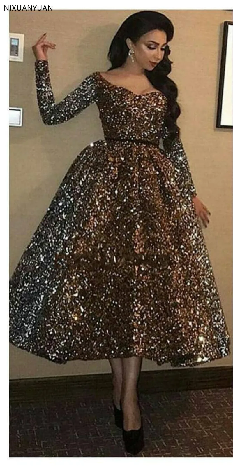 Sexy Elegant Women Formal Gala Party Dress Plus Size Arabic Muslim Gold Long Sleeve Short Evening Prom Dresses Gown 2023