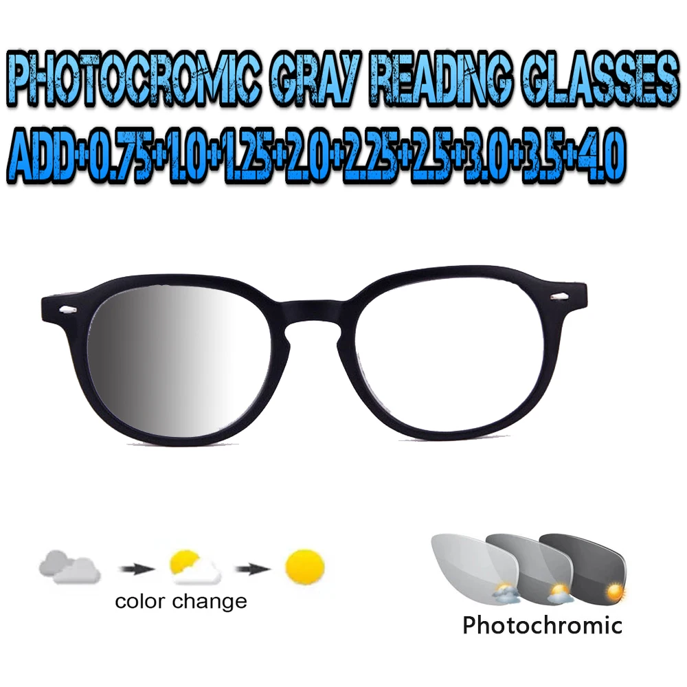 

Photochromic Gray Reading Glasses Round Ultralight Trend High Quality Fashion Men Women+1.0 +1.5 +1.75 +2.0 +2.5 +3 +3.5 +4