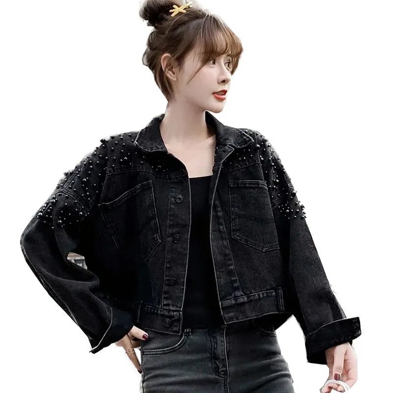 2025 Spring And Autumn New Denim Jacket Women's Jacket Short Coat Loose Little Man Beaded Jeans Outwear Female A73