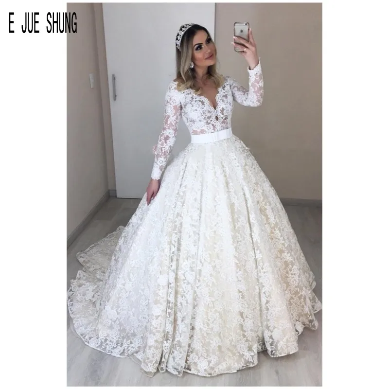 E jue shung novo mangas compridas vestidos de casamento sheer o-neck vestidos de noiva botão voltar marfim renda vestidos de noiva