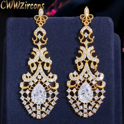 CWWZircons Royal Vintage Women Wedding Party Dress Jewelry Long Big 585 Dubai Gold Plated Earrings for Brides Accessories CZ650