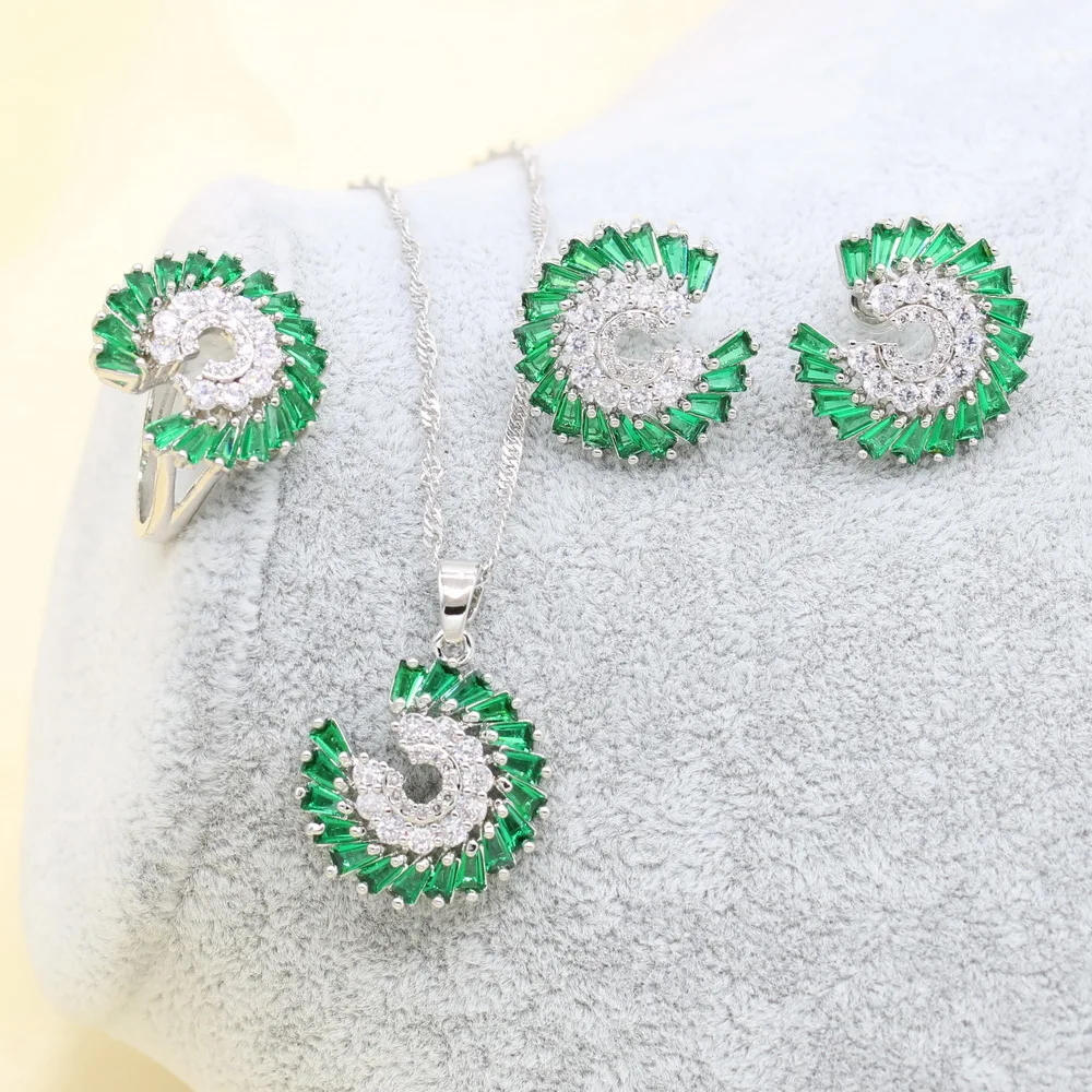 XUTAAYI Green Silver Color Wedding Jewelry Sets Earrings For Women Luxury Jewelry Bracelet Rings Bridal Pendant Necklace Set