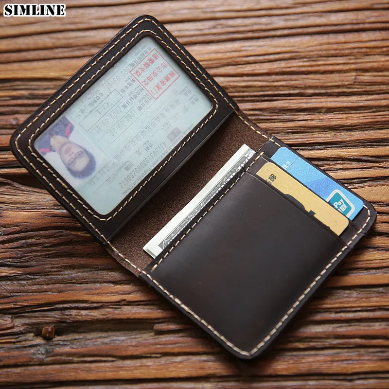 SIMLINE Genuine Leather Credit Card Holder For Men Vintage Short Handmade Bifold Slim Small Man Wallet Purse Driver License Case