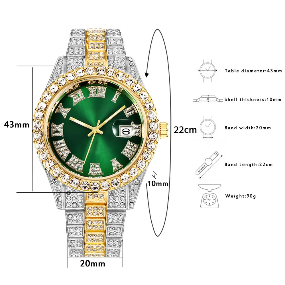 Montre à Quartz de Luxe en Or et Argent pour Homme, Entièrement Glacée, Bling, Miami, Cubain, Strass, Bracelet, Collier, Ensemble de Bijoux