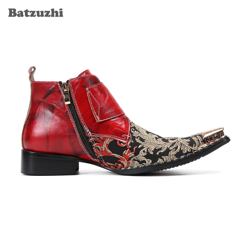 Batzuzhi Rock Men\'s Leather Ankle Boots Western Ankle Boots Men Metal Toe Buckles Botas Hombre Party Wedding Boots, Sizes US6-12