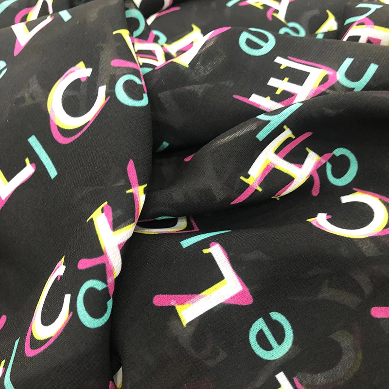 French Brand C Letter Printed Stretch Satin Fabric 100% Polyester Chiffon Garment Fashion Fabric Per Meter for Dress Sewing