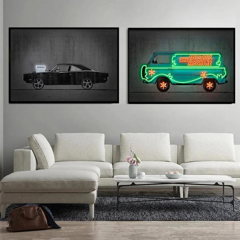 LED Neon Car Nordic Modern Concrete Canvas Painting Para Sala Ghostbusters Car Neon Graffiti Pop Street for Kid Boy Room Decor