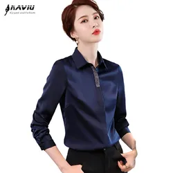 Navy Blue Shirt Women Fashion Temperament Autumn 2022 New Long Sleeve Chiffon Formal Blouses Office Ladies Work Tops