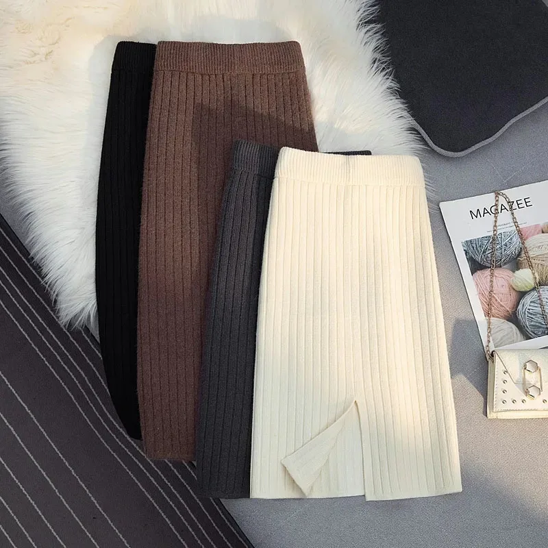 50-60-70 CM Fashion Autumn Winter Korean Knitted Women Skirts Elastic High Waist Split A-line Female Sexy Ribbed Skirts