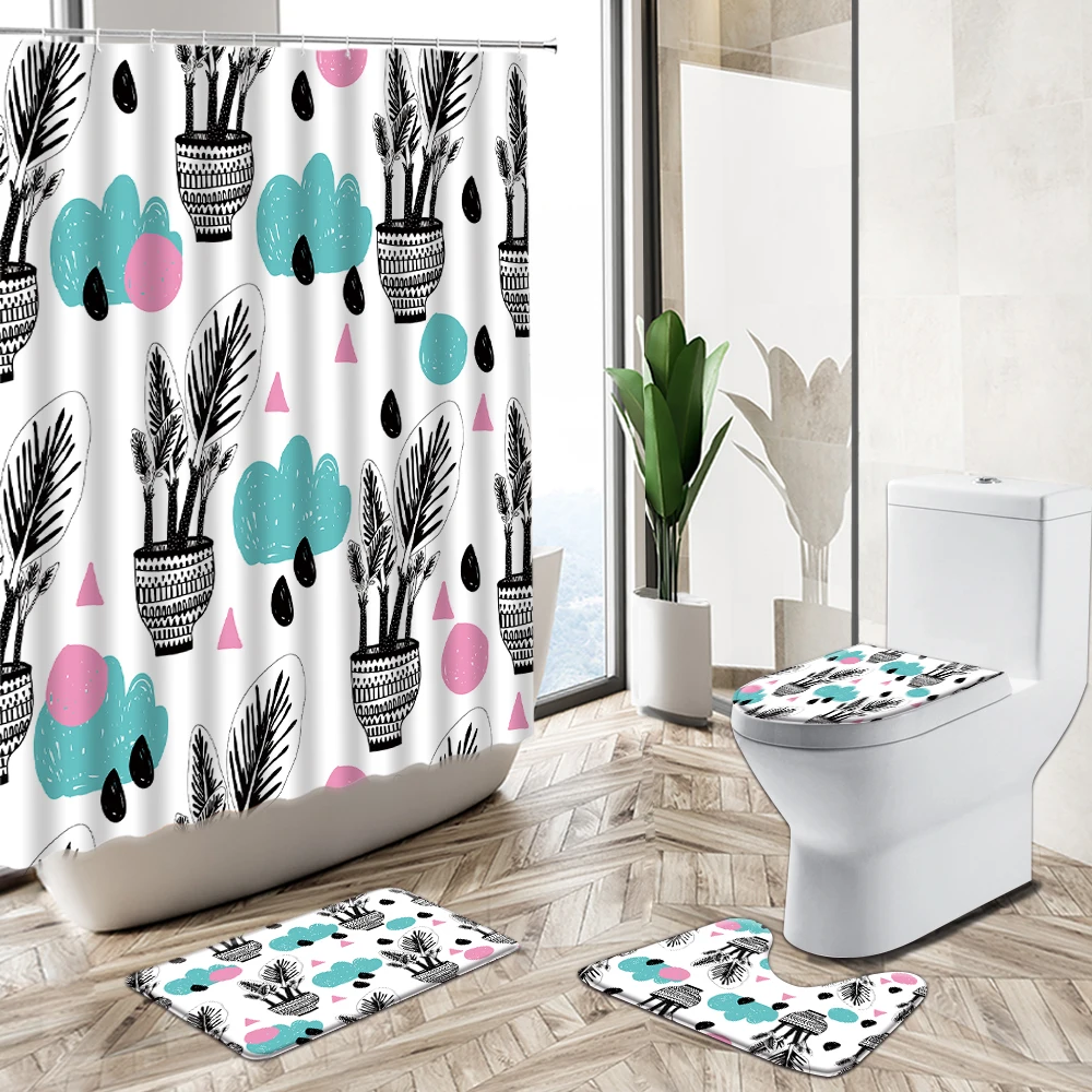 Cartoon Hand Painted Plant Potted Shower Curtain Tropical Cactus Leaf Kid Bathroom Decor Non-Slip Rug Toilet Cover Bath Mat Set