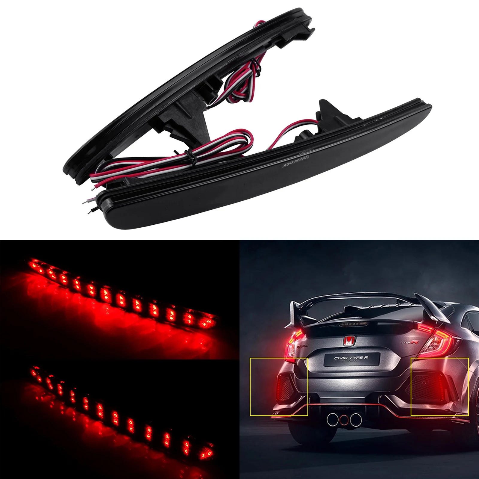 ANGRONG 2X Black Smoked Lens LED Rear Bumper Reflector Brake Stop Light For Honda Civic X HB Type R 16+ 