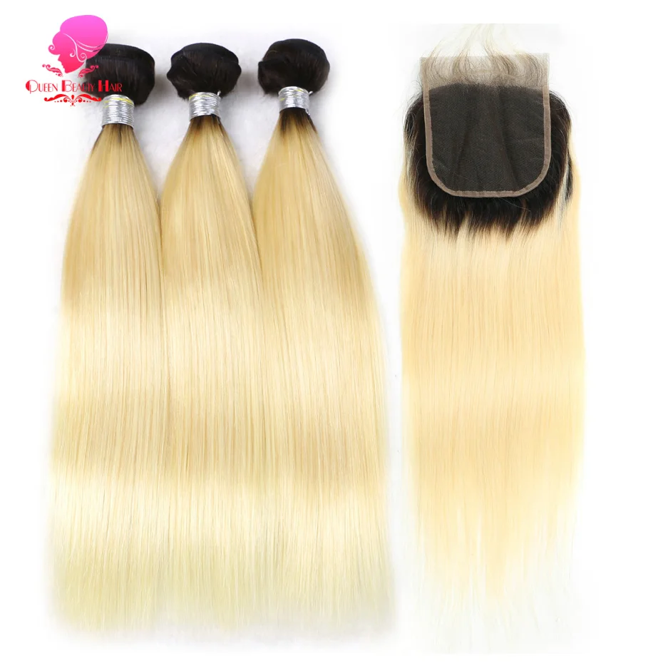 Königin Schönheit 3 Bündel und Verschluss 2 Ton dunkle Wurzeln 1b/613 Ombre blonde brasilia nische gerade Bündel remy menschliches Haar mit Verschluss – Detail 3