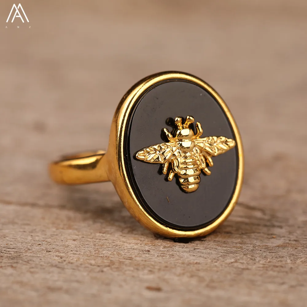 Fashion Women Oval Shape Natural Pink Roses Quartz Amazonite Malachite Stone Paved Gold Bees Open Adjustable Rings Jewelry Gift