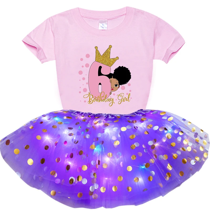 Black princess birthday Girls Dress Sets Party Casual Dress little Girls Short Sleeve T shirt tutu Dress Suit king 3 4 5 6 years