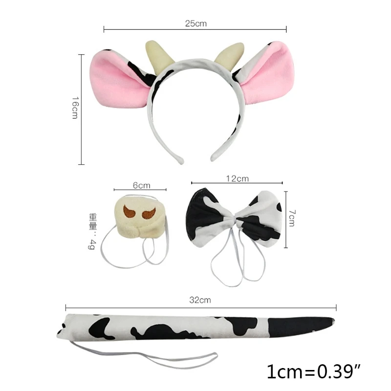 Toddler Kids 4Pcs Cartoon Animal Cosplay Costume Accessories Set Cow Horn Ears Headband with Plush Tail Bow Tie Nose Party M6CD